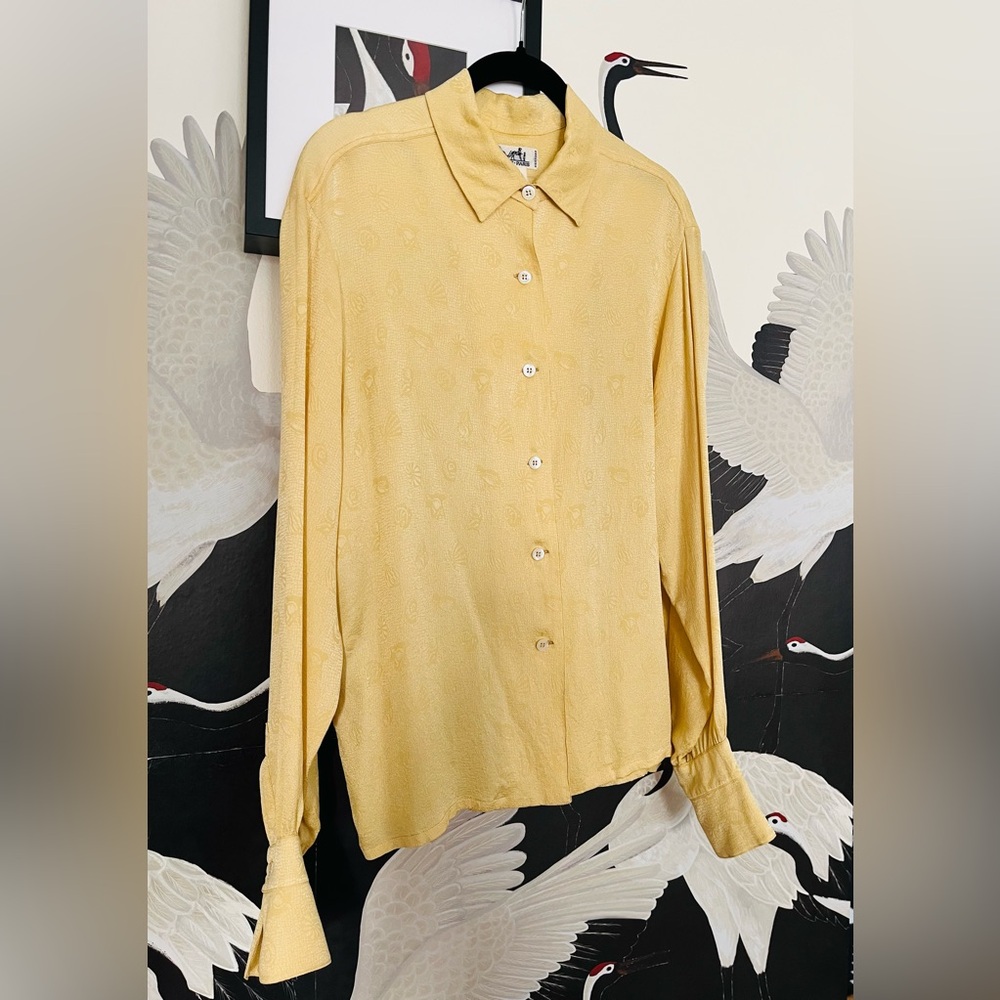 Auth. Vintage HERMES Yellow Button-Up Silk Shirt sz 12
